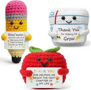 Teacher Crochet Figures Appreciation Gifts 3pcs Handmade Crochet Gift Cute Pencil Apple with Inspirational Quotes Thank You Teacher Emotional Suppprt Gifts for School Teacher for Helping Me Grow, End of Year Gifts for Women Men