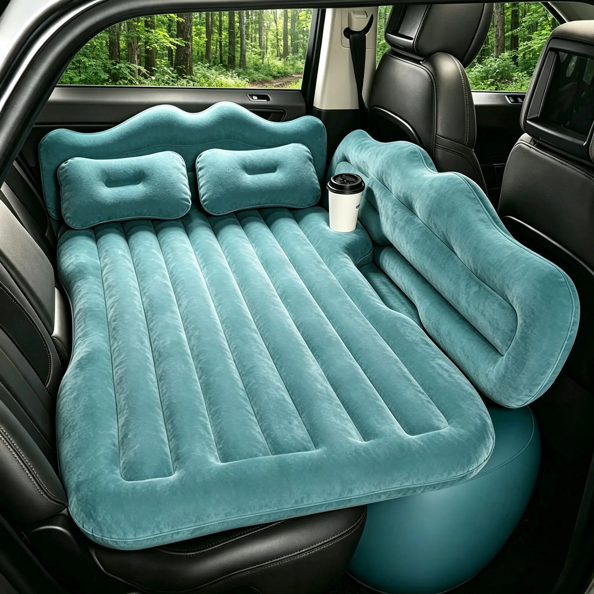 Thickened flocked inflatable car bed, travel mattress for car trunks, with cup holder and 2 inflatable pillows, leak-proof, fits car, SUV, MPV, perfect for camping and road trips, comes with an air pump