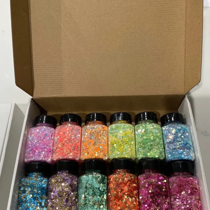 Glitter Destash Package with 12 Bottles or 21 Bags of High Grade Polyester Hex Cut Glitter for Creative Design in Assorted Colors