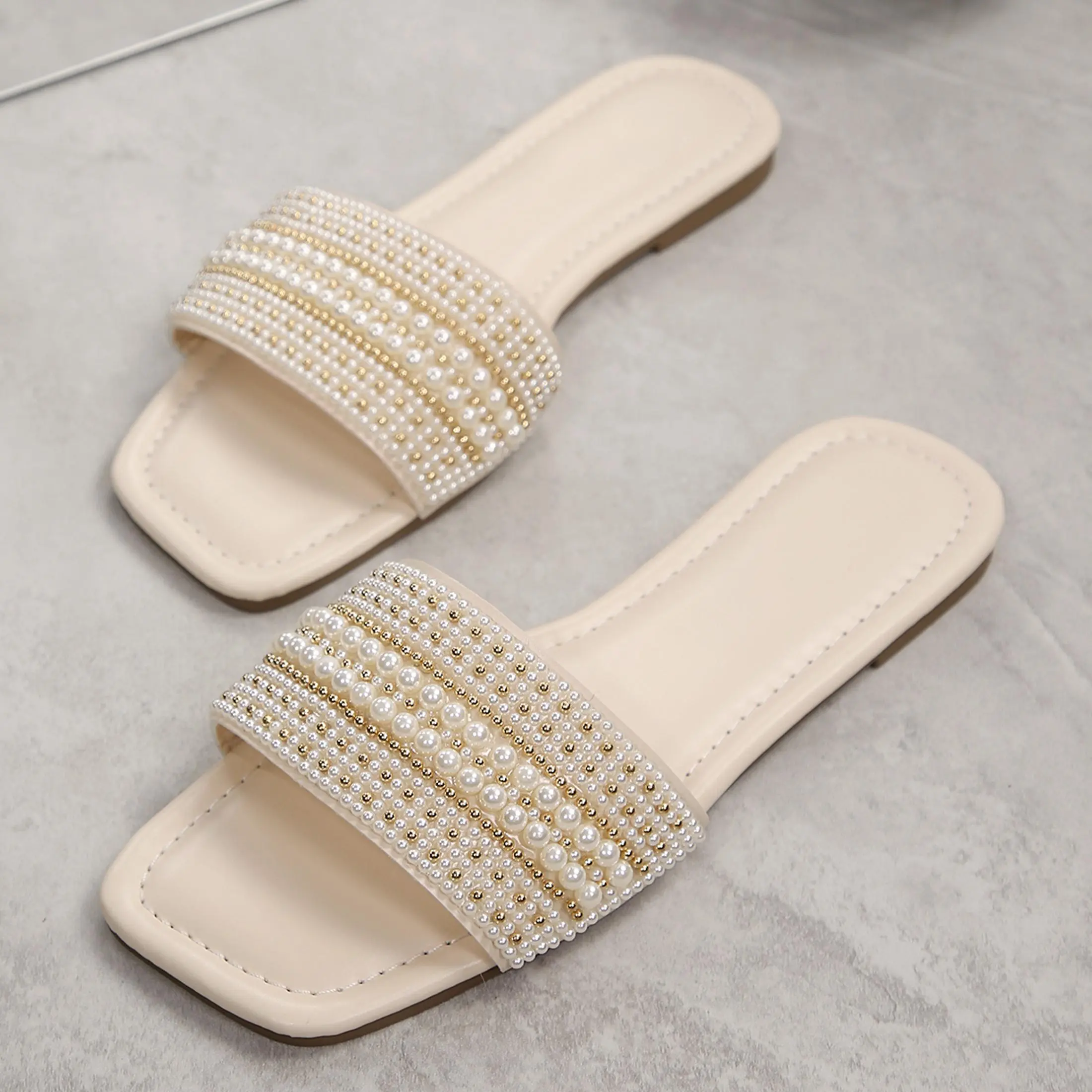 Women's Pearl Sandals Summer Beach Vacation Flat Sandal Wedding Dressy Square Open Toe Slide Shoes