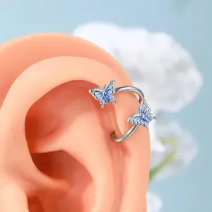 Oufer 16G Dainty Blue Butterfly Bow S-Shape Body Jewelry - Helix Cartilage Piercing Earring, Body-Safe Dainty Piercing Jewelry for Conch, Labret Piercings