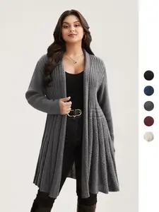 【Super Soft】BLOOMCHIC 2026 Gray Plain Textured Kimono Collar Long Sleeve Fitted Cardigan for Women Winter Casual Everyday Style Minimalist OL Cut-Out Design Loose Fit Basic Knitwear Tunic Black Womenswear