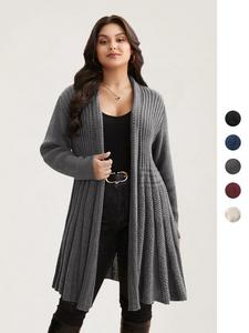BloomChic Women's Plus Size Cardigan Gray/Black Plain Textured Kimono Collar Long Sleeve Loose Knit -  oft Casual Knitwear Top with Minimalist OL Cut-Out Design, Winter Everyday Style Piece for Women's Clothes Swimweek summerwins,summerwins,summeroutfits,