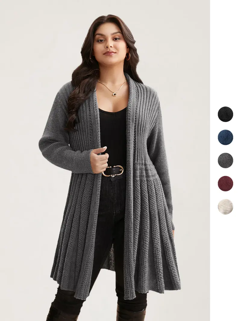 BLOOMCHIC Gray Plain Textured Kimono Collar Long Sleeve Fitted Cardigan for Women Winter Casual Everyday Style Minimalist OL Cut-Out Design Loose Fit Basic Knitwear Tunic Black Womenswear