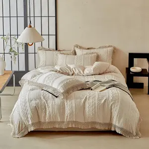 Boho Comforter Set, Beige Tufted Bed Set, Soft Vintage Farmhouse Comforter for All, Bedding (Queen 90"x90",Khaki)