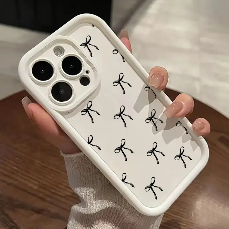 Cute Black Bows Silicone TPU Smartphone Case for iPhone 17/16 Plus/16/15/14 Pro Max/13/12/11/XR/XS, Shockproof Anti-Drop Air Protection, Raised Lips, Non-Slip, Full Camera Protector, Scratch Guard, Durable, Slim Profile, Easy to Clean, Easy to Carry