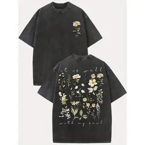 It Is Well With My Soul Floral Graphic T-Shirt | Vintage Washed Oversized Crew Neck Short Sleeve Christian Hymn & Wildflower Streetwear | Soft Nature-Inspired Statement Tee | Daily Wear & Faithful Casual Top