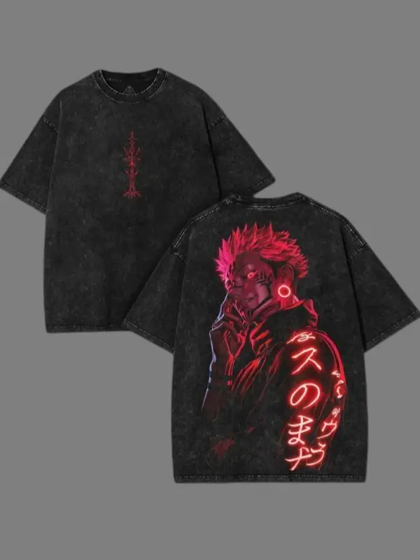 Ryomen Sukuna Jujutsu Kaisen Oversized Washed Tee Heavy Cotton Neon Red Graphic Shirt Anime Collector Essential Double Sided Prints Big Bold Graphics Menswear Top Tshirt Streetwear Round Neck Crewneck Tropical
