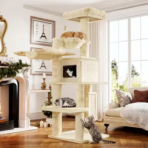 SHA CERLIN 77-Inch Extra Large Plush Velvet Cat Tower with Kitten Bed, Washable Cushions, Thick Sisal Posts, Waterproof Platforms, Anti-Tip Design - Leopard Cream White