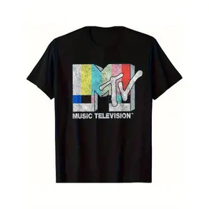 Men's MTV Vintage TV Signal Logo T-Shirt - Heavy on Black, Retro MTV Graphic Tee, Lightweight Breathable Fabric for Concerts, Parties, Casual Attire - Birthday/Christmas/Thanksgiving Gift for Music Lovers, Casual Streetwear, Bold Graphic Design, Durable P