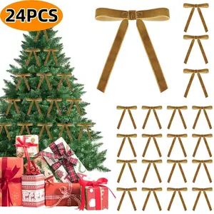 24-Piece Vintage Velvet Christmas Bows - Elegant Brown Gift Topper & Ornament Set for Holiday Tree and Home Decor
