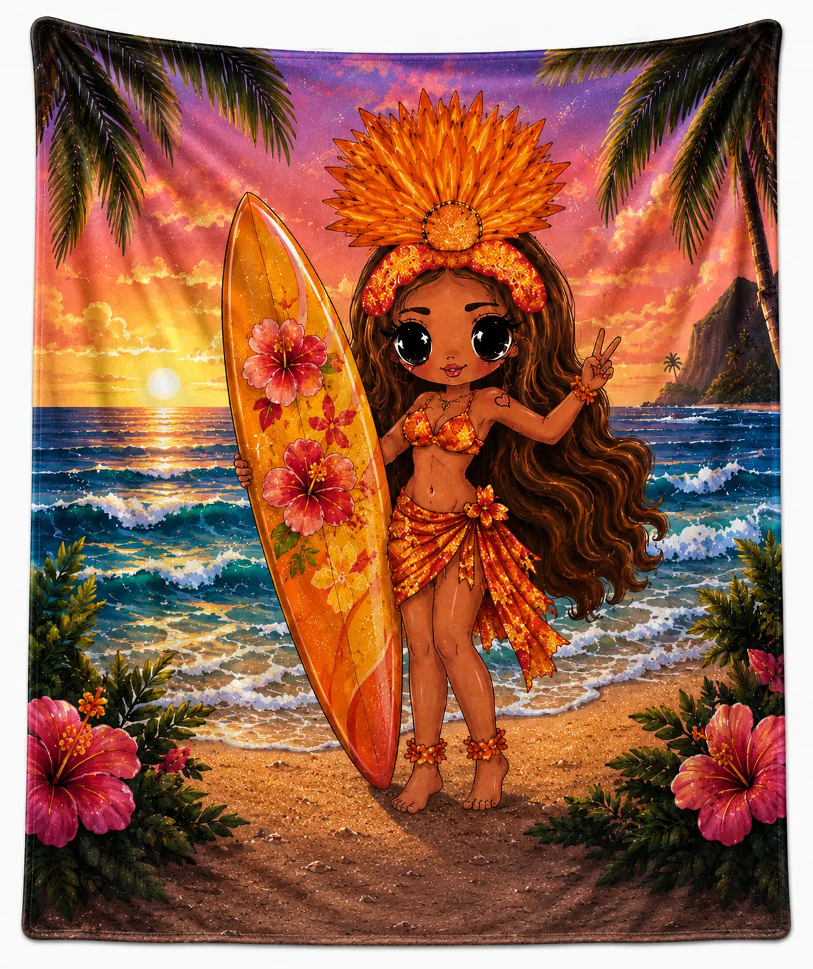 Cute Kawaii Tropical Sunset Surf Girl Throw Blanket. Soft Flannel Fleece Couch Bed Decor. Beach Ocean Palm Tree Aesthetic. Warm Cozy Gift for Women & Teens. Machine Washable.
