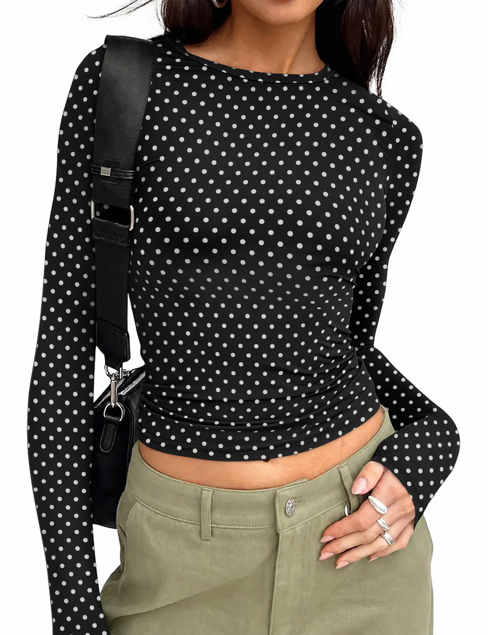 COCCKO Women's All-Over Dots Polyester Spandex Tshirt - Ruched, Soft, Straight Skinny Slim Fit, Long Sleeve Crew Neck, Elastic High-Stretch Lightweight Fabric, Casual Vintage Y2K Cute Tops for Underscrub Use
