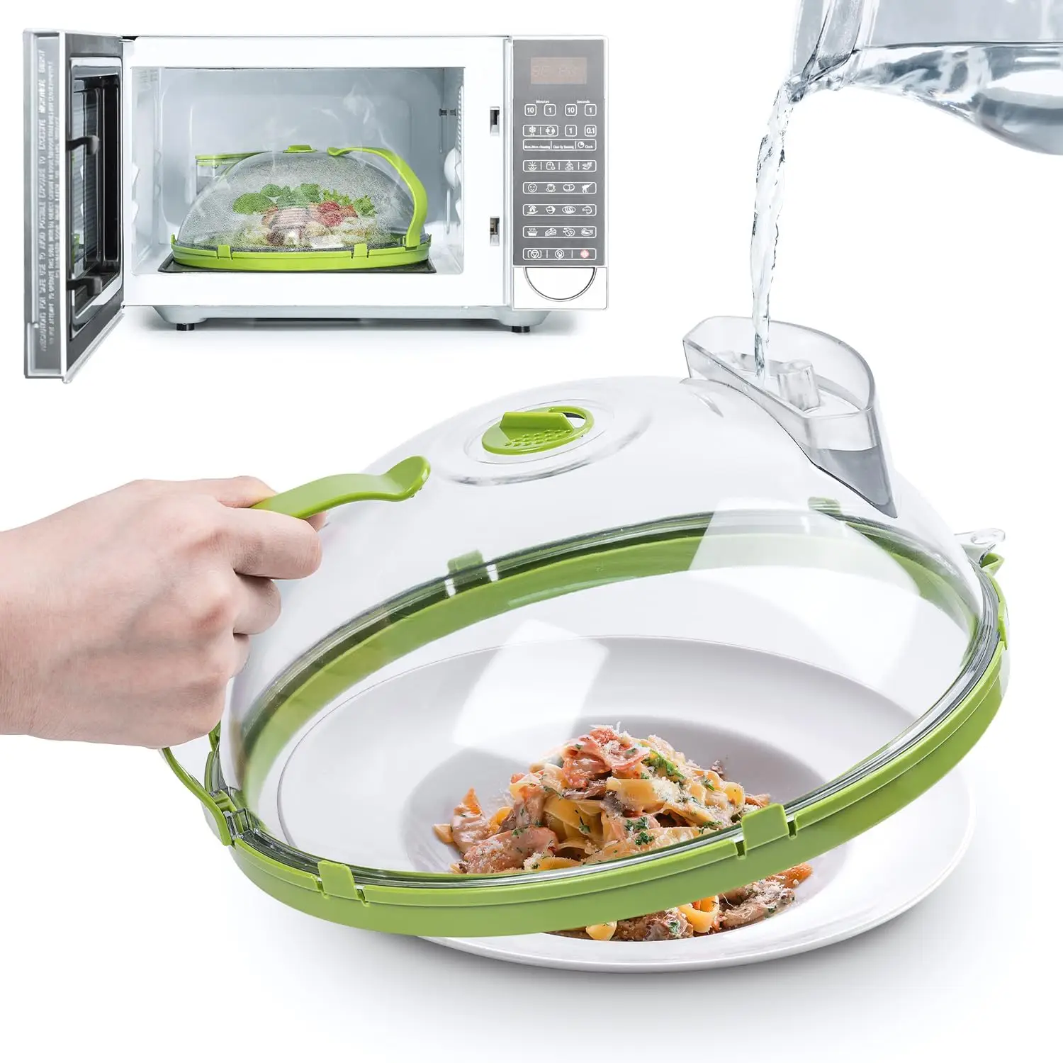 Upgraded Microwave Splatter Cover For Food, Clear Microwave Cover with Water Streamer, Vented Splatter Guard With Bottom Plate, Kitchen Utensils