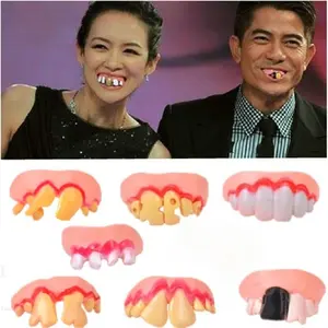 Teasing and laughing with fake braces, April Fool's Day internet celebrities, funny props with crooked teeth, and simulated braces