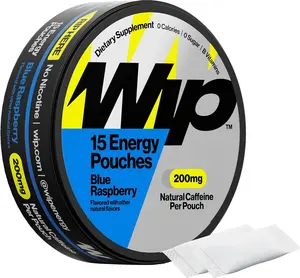 Wip Energy Pouches, Sugar Free Blend with 200 MG Natural Caffeine, B Vitamins, Minerals & L Theanine for Energy Support, Pre Workout for Active Lifestyles, Blue Raspberry, 1 Can, 15 Pouches