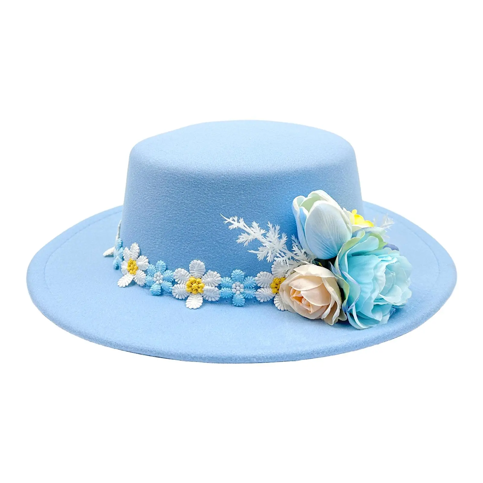 Womens Fedora Hat with Handmade Floral Decor, Vintage Felt Panama Hat for Women, Elegant Wide Brim Round Crown Dress Hat for Tea Party Church Wedding, Lightweight Polyester Hat, Hats For Women summerwins