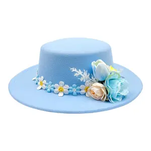 Womens Fedora Hat with Handmade Floral Decor, Vintage Felt Panama Hat for Women, Elegant Wide Brim Round Crown Dress Hat for Tea Party Church Wedding, Lightweight Polyester Hat
