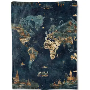 World Map Blanket - Vintage Landmark Design with Night Sky Fleece Throw,Gifts for Women Men Adult, Soft & Warm,Lightweight, for Modern Artistic Decor, Living Room Home Accent 50x60in