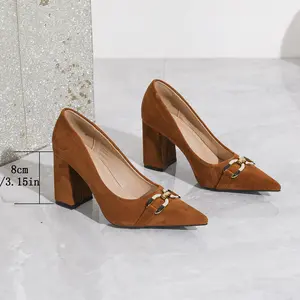 Women’s brown high heels with chunky heel, pointed toe with gold buckle pumps, suitable for commuting and dates