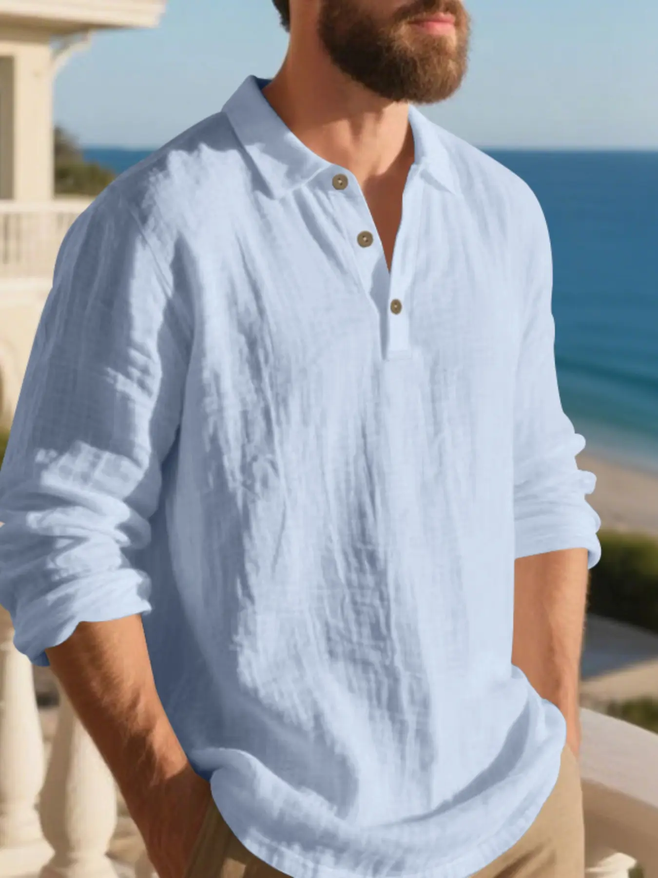 Men's Lightweight Linen Long Sleeve Polo Shirt, Casual Loose Shirt, Button Design, Breathable Comfort Fabric, Ideal for Beach, Family Gatherings & Outdoor Activities