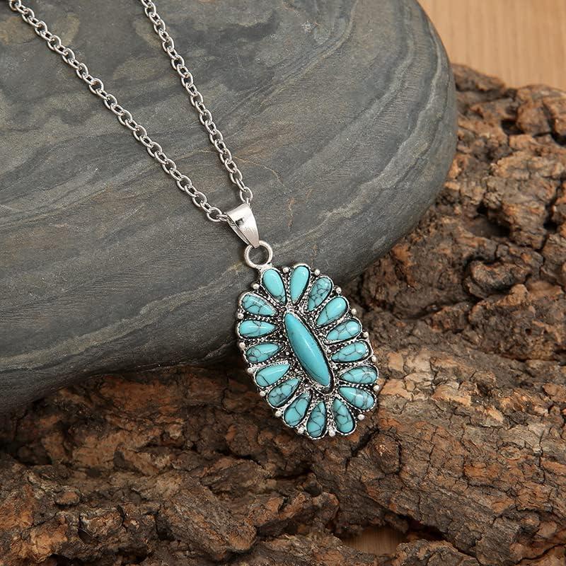 valentines gifts for gf Natural Turquoise Necklace Boho Bead Silver Cross Vintage Statement Pendant Necklace Handmade Turquoise Western Necklaces Jewelry for Women