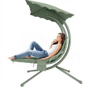 Relaxing Outdoor Hanging Chaise Lounge Swing Chair with Umbrella, Curved Steel Frame Hammock Lounger with Soft Cushion, Ideal for Patio Garden Poolside Backyard Porch