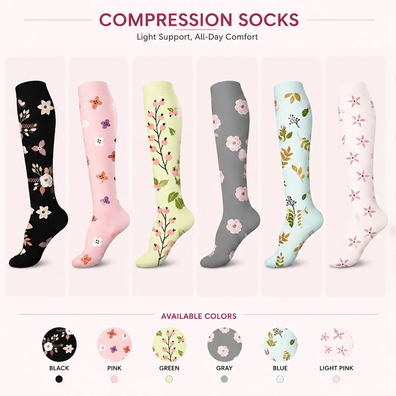 6 Pairs Floral Compression Socks for Women, Graduated Support Calf Socks for Running, Travel, Workout and Everyday Wear