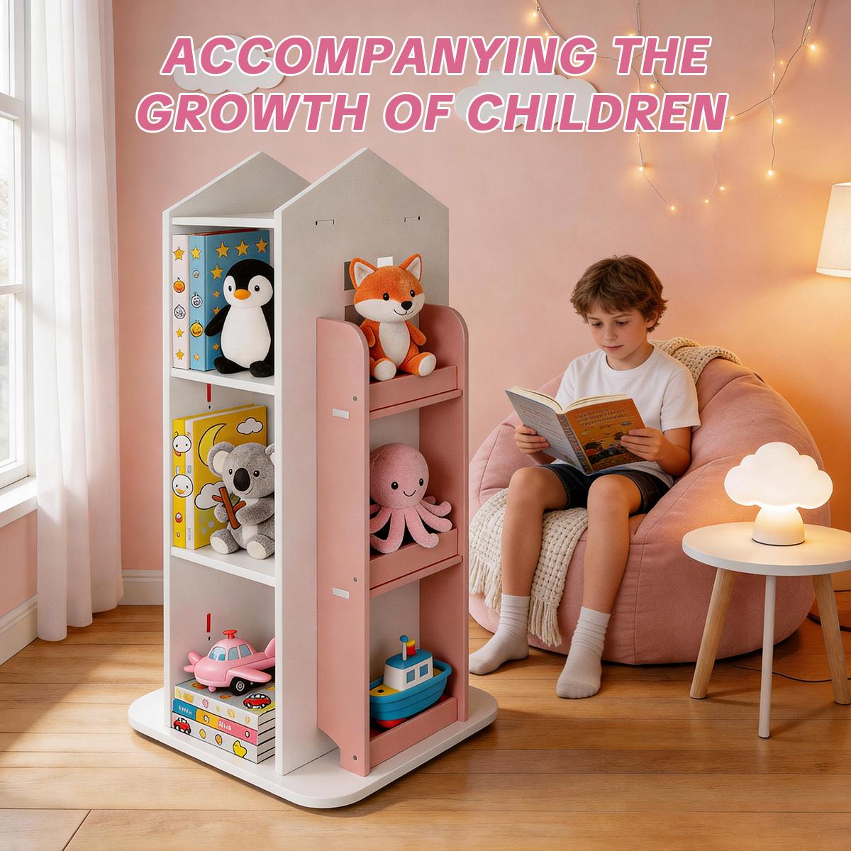 White 4-Tier PVC Corner Shelf System - 360-Degree Rotating Floor-Standing Bookshelf Tower, Space Saving Layered Multi-Shelf Living Room Furniture, Kids Book Organizer for Bedroom Small Spaces