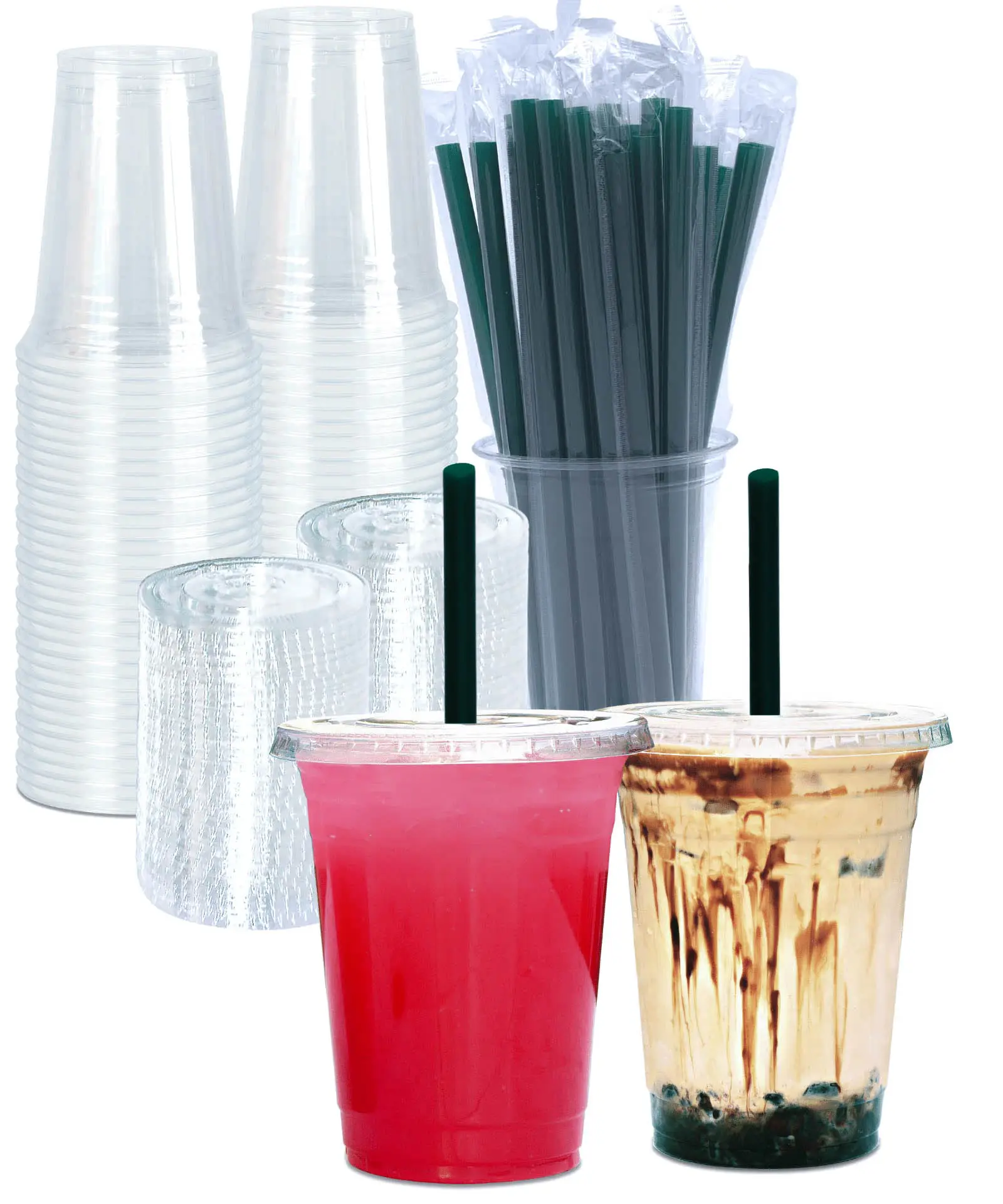 PET Clear Plastic Cups 16oz-32oz with Lids & Strawless Lids, Disposable for Cold Drinks, Ideal for Parties and Everyday Use
