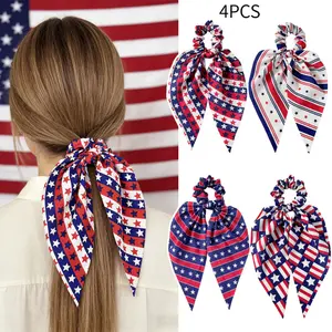 US Independence Day Ponytail Ribbon Hair Rings, Star-Striped Bow Hair Ties, Festival Hair Accessories