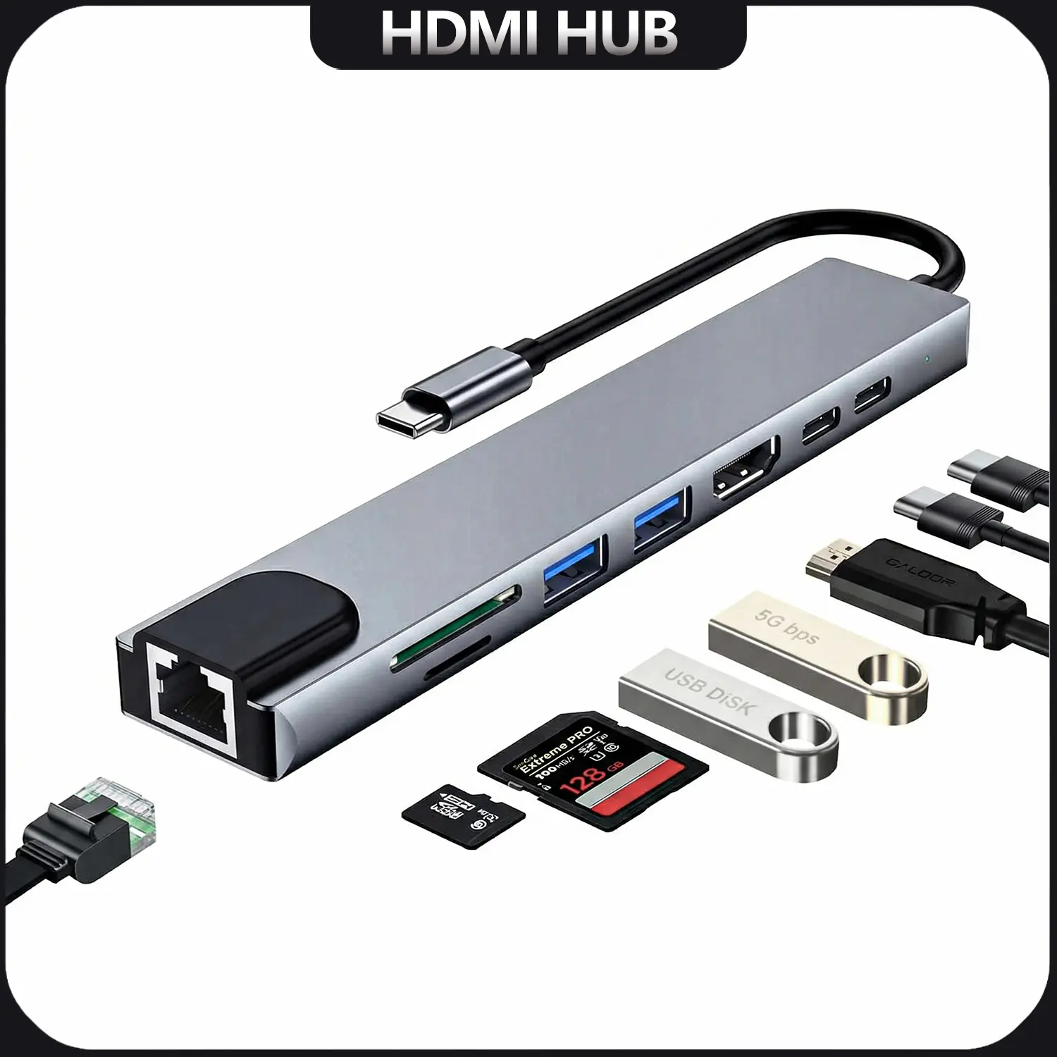 【8 Port USB C Dongle Adapter】Multiport Type-C Hub with HDMI Video, RJ45 LAN, SD TF Card Reader for Notebook Computers