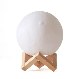 Urban shop 3D print color changing moon lamp with wood stand, remote control and USB adaptor, 7.5 ''x 5.5'', White