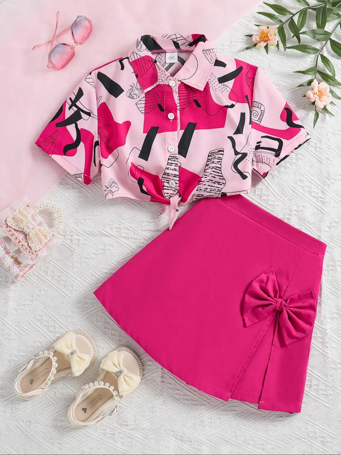 Two-Piece Set Girl's All Over Print Button Front Crop Shirt & Plain Bow Decor Split Hem Skorts Set, Cute Tie Front Short Sleeve Collared Top & Skorts