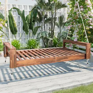 Twin Size Porch Swing Bed Seating Group, Patio Acacia Wood Swing Frame with Hemp Ropes for Garden, Backyard