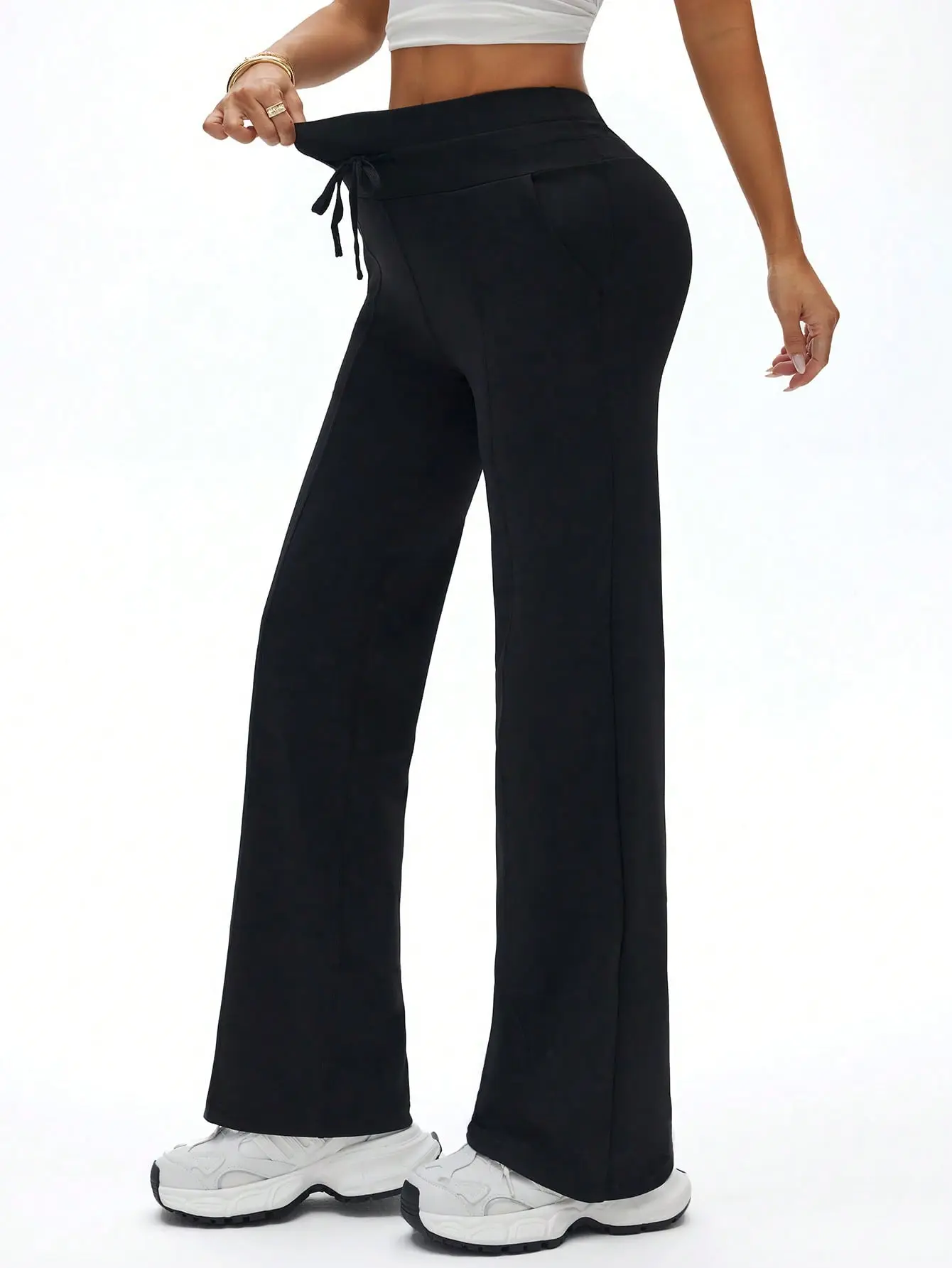 Dalon Women High Waist Drawstring Flare Sweatpants Soft Stretch Fabric Side Pockets Straight Bootcut Casual Lounge Workout Trousers Streetwear Pants
