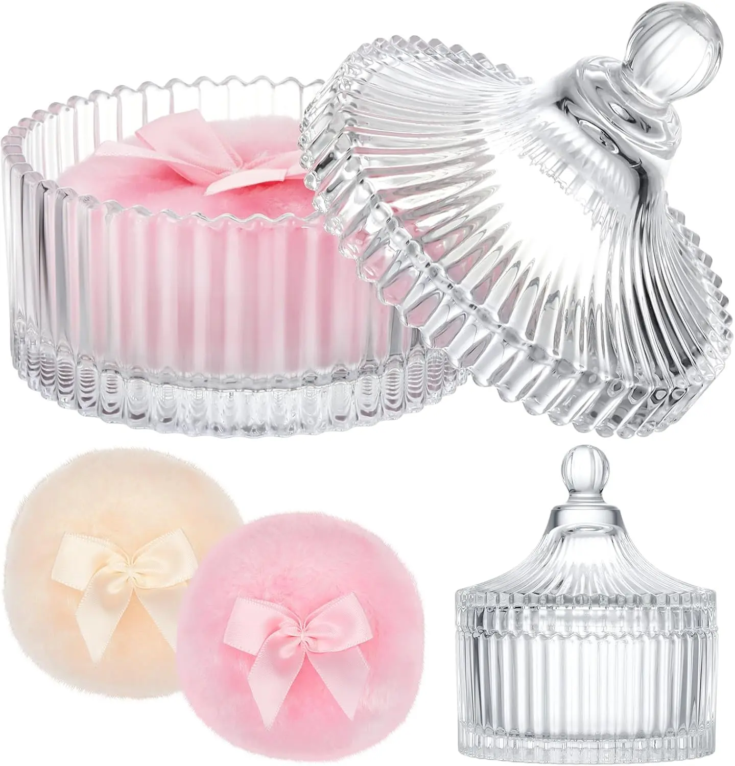 Powder Puff Jar Set, 3 Piece Kit with 2 Large Reusable Velour Puffs and Crystal Glass Container, Washable for Face & Body Makeup on All Skin Types, All Skins, Classic, Glass Bottle