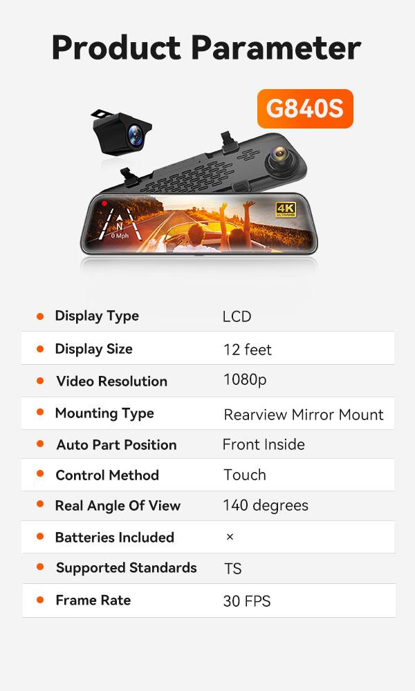 WOLFBOX G840S 12" 4K Mirror Dash Cam with GPS & 32GB Card, 2160P Full HD Smart Rearview Mirror for Cars Trucks, Dual Cameras, Night Vision, Parking Assistance - Automotive Driving Recorder TikTokShopHolidayHaul
