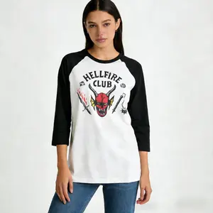 Women's Stranger Things Hellfire Club 3/4 Sleeve Raglan Tee - D&D Logo Baseball Shirt, White/Black Contrast, Soft Cotton Blend for Casual Wear, Cosplay & Themed Gatherings