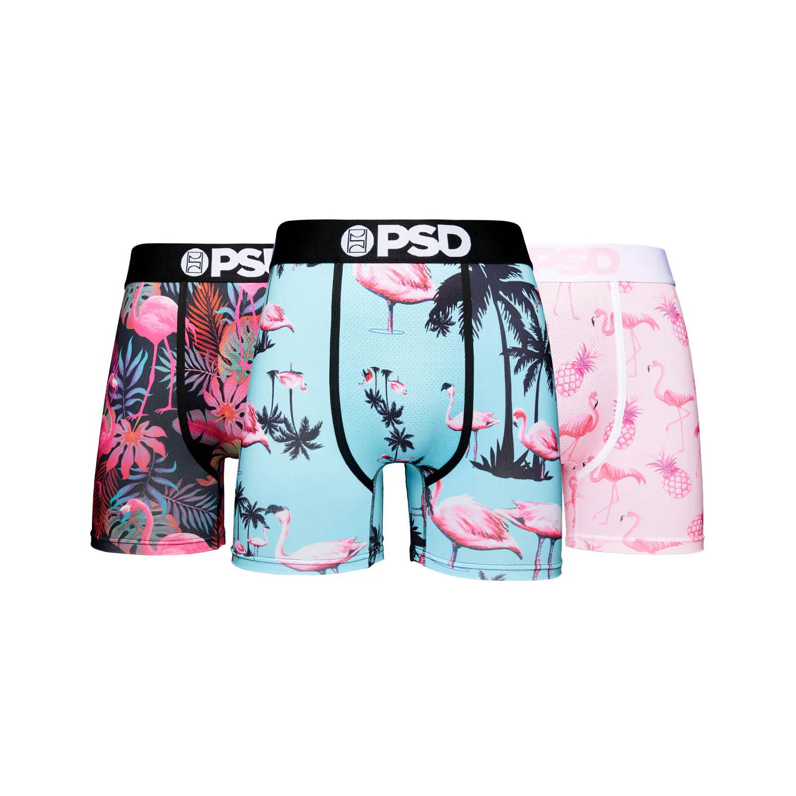 PSD Mens Flamingo Jungle Boxer Brief 3 Pack - Mid Length 5 Inch Inseam, Moisture-Wicking 4-Way Stretch Fabric PSD Mens Flamingo Jungle Boxer Brief 3 Pack - Mid Length 5 Inch Inseam, Moisture-Wicking 4-Way Stretch Fabric
