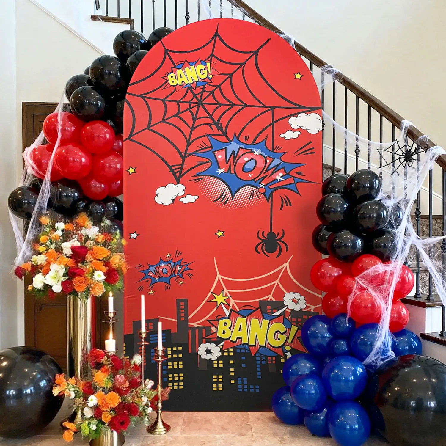 6.5ft Double Sided Spider Hero Arch Cover Spandex Arched Backdrop Red Web Photo Background for Boys Hero Birthday Party, Kids Photo Booth Decorations