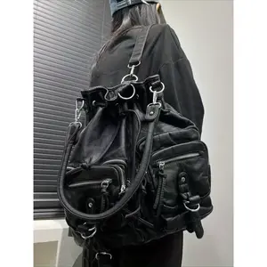 Multi pocket motorcycle bag Y2K zipper drawstring backpack Multi functional bucket shaped single shoulder crossbody bag Personalized Y2K spicy girl motorcycle bag, street style washed plain color city bag