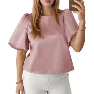 Tankaneo Womens Satin Silk Blouses Puff Short Sleeve Dressy Casual Tops Loose Fit Crew Neck Cropped Shirts