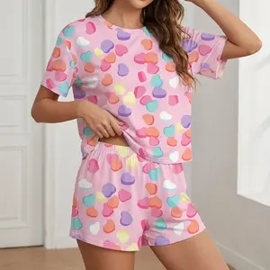 Women's Heart Print Pajama Set,  Short Sleeve Round Neck Top & High Waist Pants, Soft Sleepwear, Cute Loungewear for Women, All Seasons Comfy Two-Piece Pjs