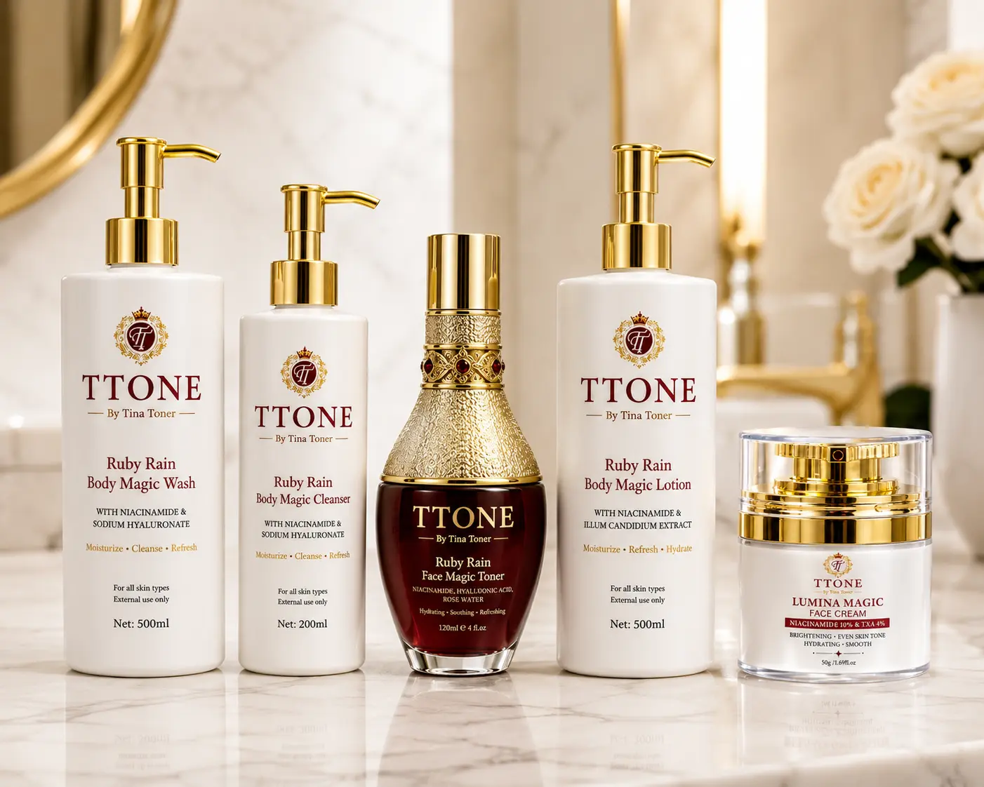TTONE Ruby Rain Set for Men & Women – Even Skin Set (Lotion, Body Wash, Cleanser, Face Magic Toner, lumina Cream