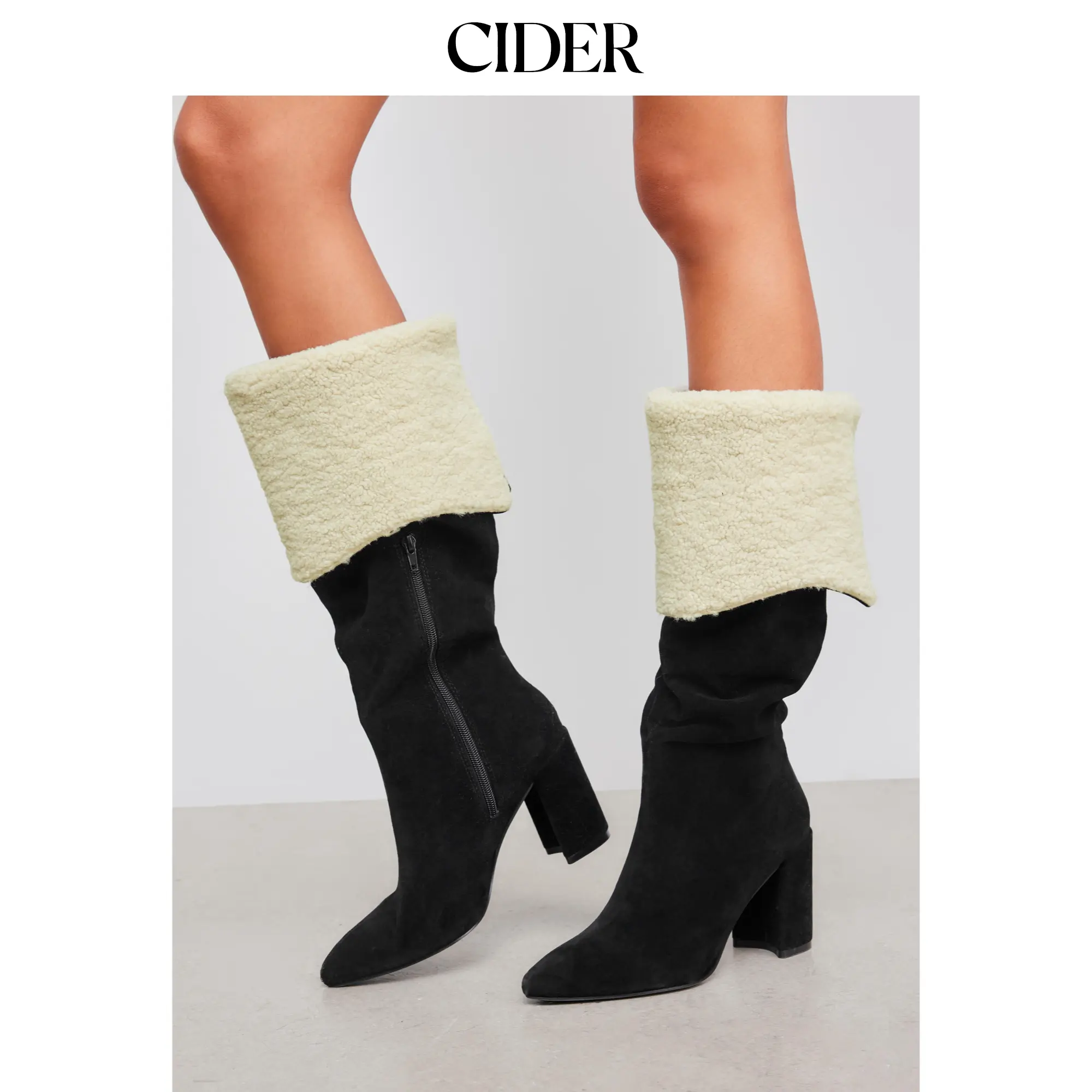 Cider [2 colors, size 6-11] SUEDE & FUZZY CHUNKY HEEL KNEE HIGH BOOTS