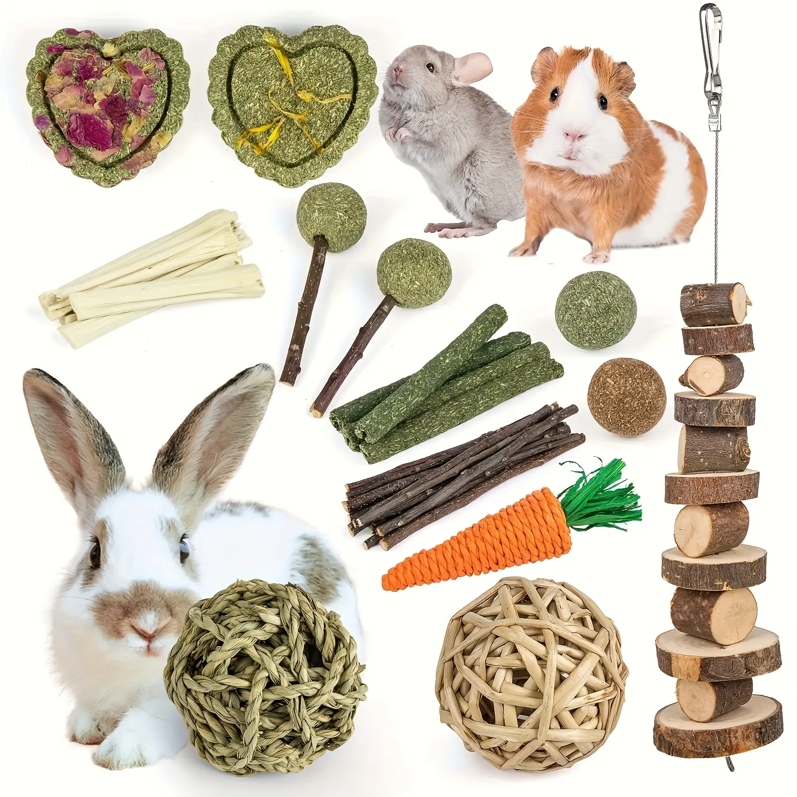 【M Spoiled】13 pcs rabbit Toys Bunny/Guinea Pig Toys Natural Timothy Hay Hamster for Teeth Handmade Chews and Treats Apple Wood Sticks Chinchilla Rat Pet Supplies, Perfect Chews and Treats for Guineapigs, Bunnies, Rabbits, Chinchillas, Hamsters