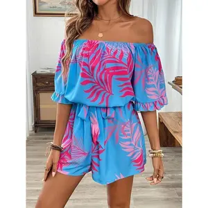 Women’s Elegant Open-Shoulder Tropical Print Ruffled One-Piece Romper – Lightweight Non-Stretch Fabric, Adjustable Waist Tie, Beach & Casual Wear for Spring/Summer, Beach Wear Romper | Tropical Vacationwear | Accessories