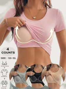 Women's Fitted Short Sleeve T-Shirt with Bra Padding, Seamless Design, Round Neck, Casual Wear, Ideal for Daily Commute and Sports