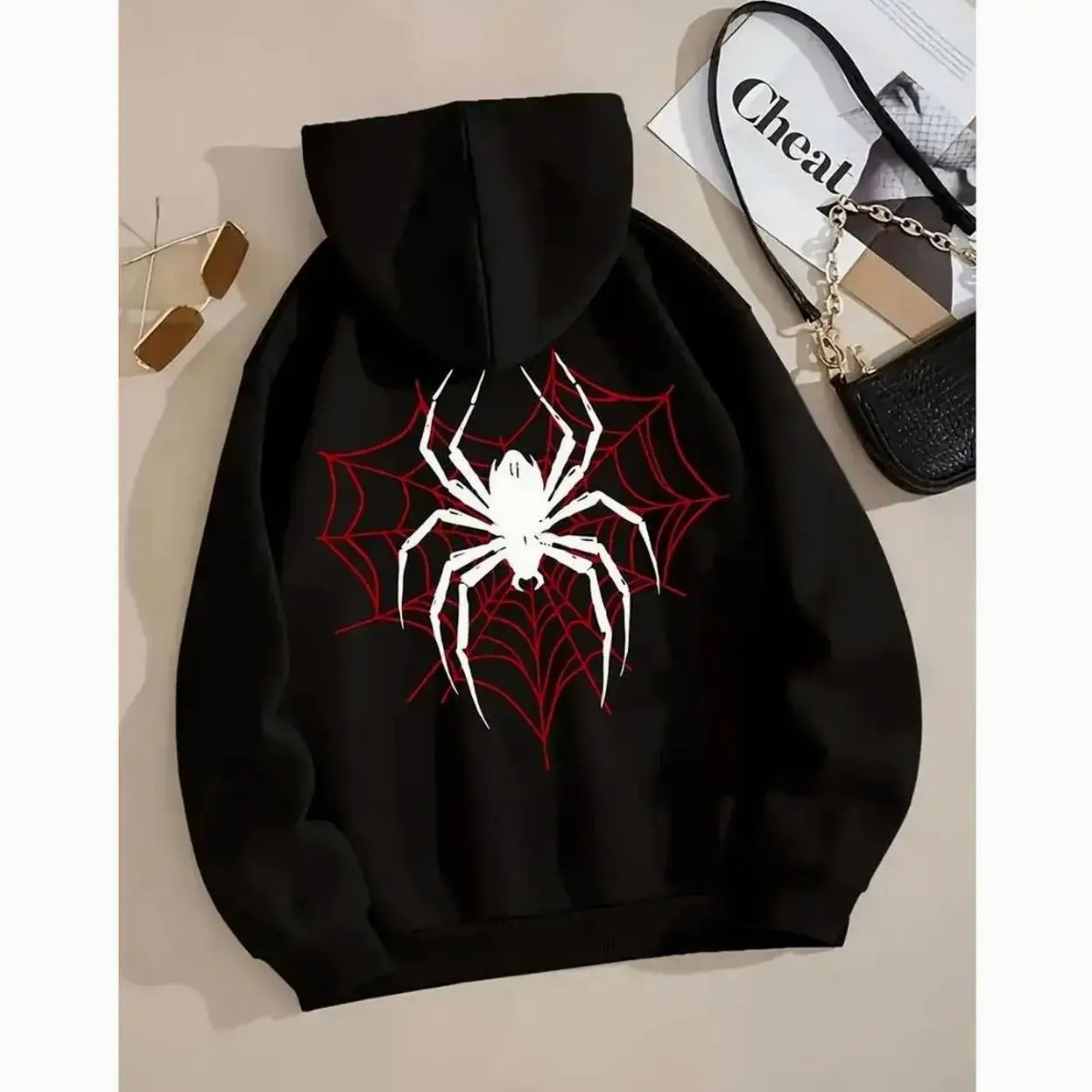 Women's Black Spider Hoodie - Cozy fall/winter casual sweatshirt with drawstring, red spiderweb pattern, polyester, machine washable, spider hoodie 5YI